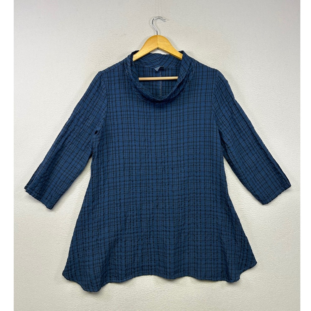 Lagenlook Et' Lois Womens Medium Blue Grid Textured Cowl Neck Tunic Top Coastal